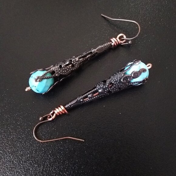 Copper Filigree & Blue Howlite Dangle Earrings! Lightweight Boho Coastal Cowgirl - Picture 7 of 9